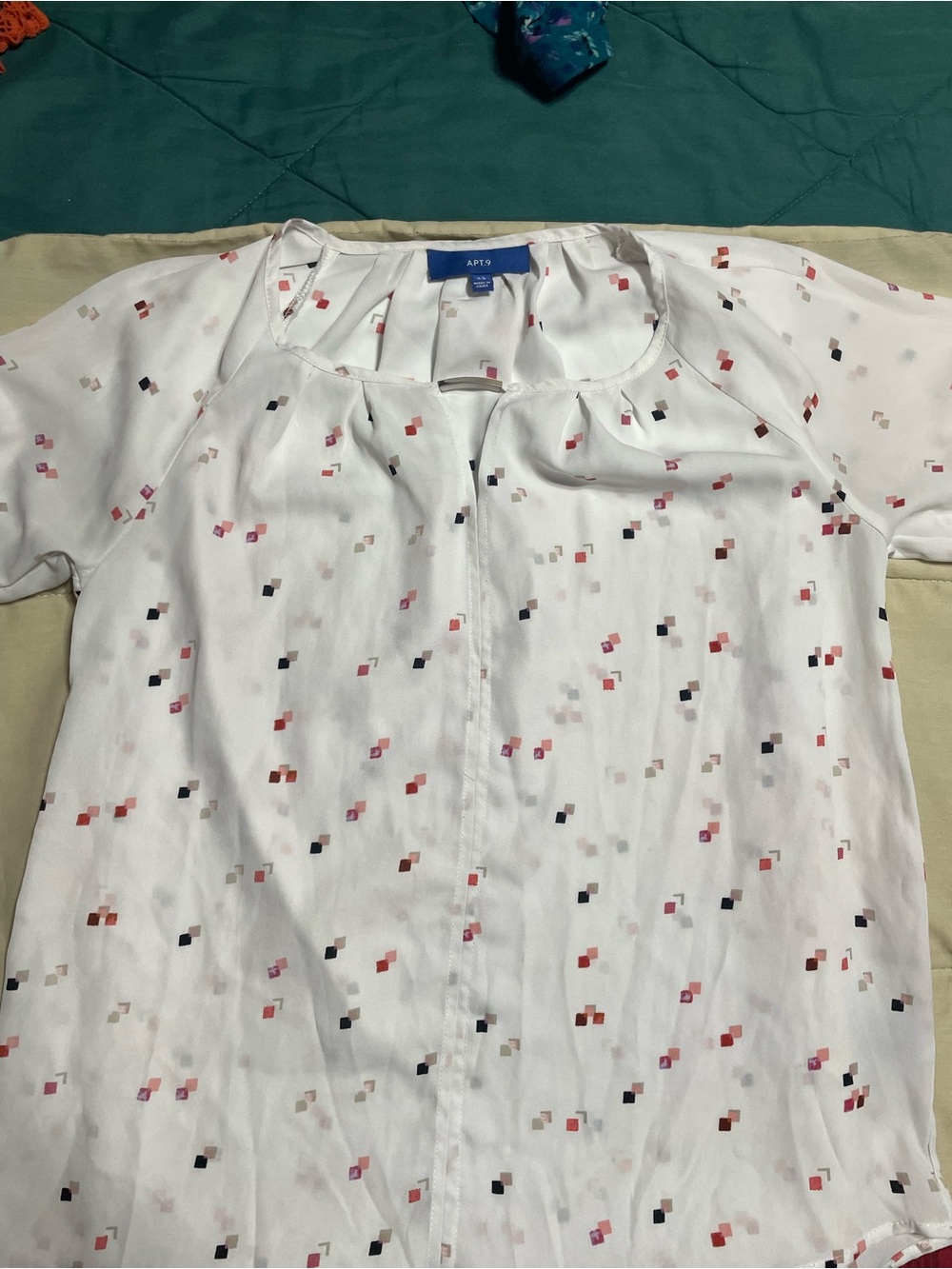 Apt. 9 White Blouse with Multi-Color Geometric Squares